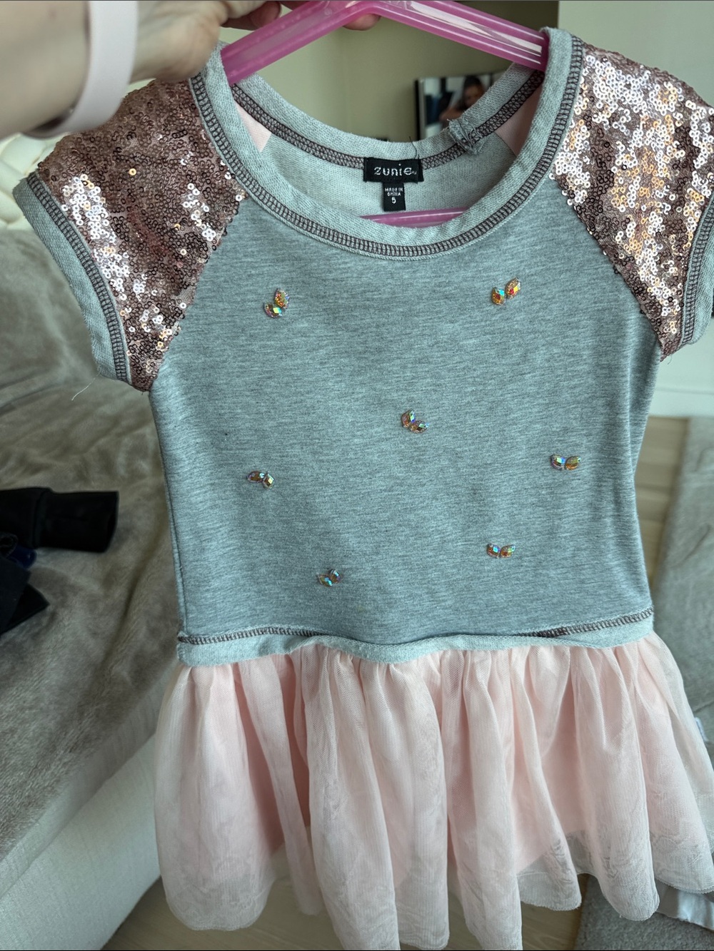 Zunie Gray Knit Dress with Rose-Gold Sequin Sleeves and Pink Tulle Skirt